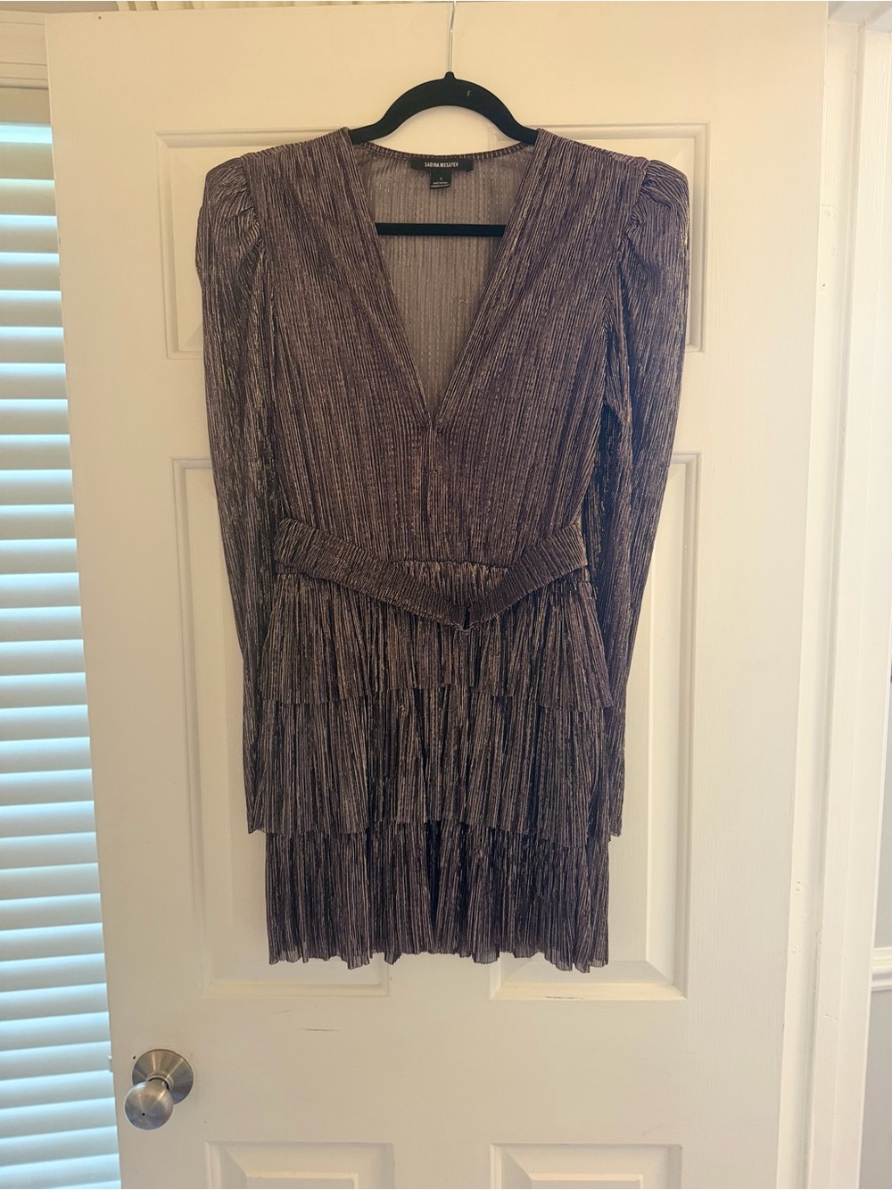 Sabina Musayev Metallic Pleated Long-Sleeve Tiered Dress